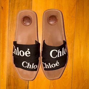Chloé Black and White Logo Slide Sandals